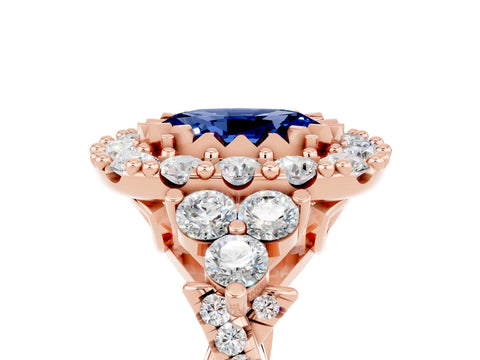 Rose gold Oval Cut Blue Sapphire Halo Ring with Pavé Band and Four-Prong Setting_17