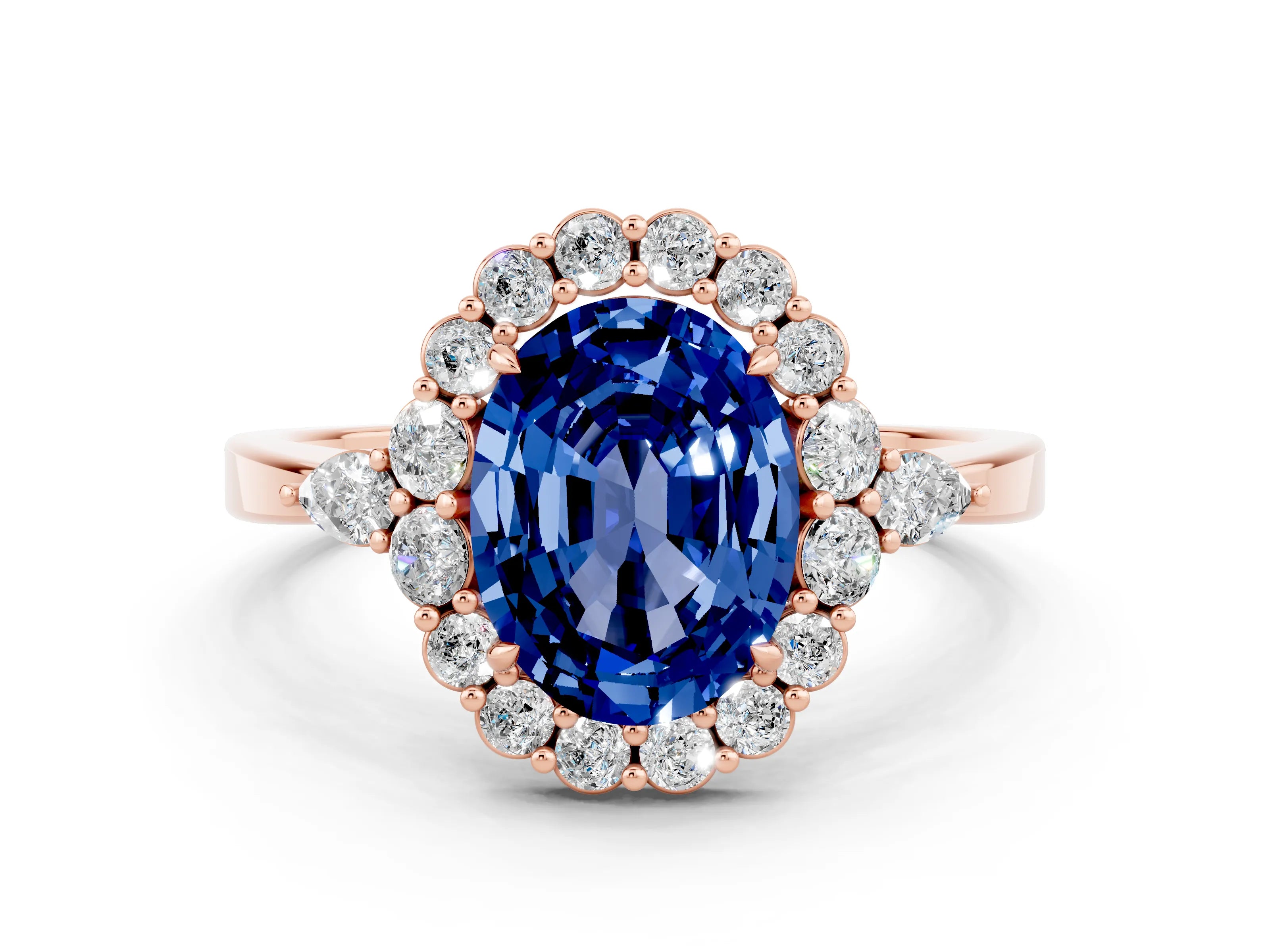 Rose gold Oval Cut Blue Sapphire Halo Ring with Pear Side Stones and Prong Setting_12