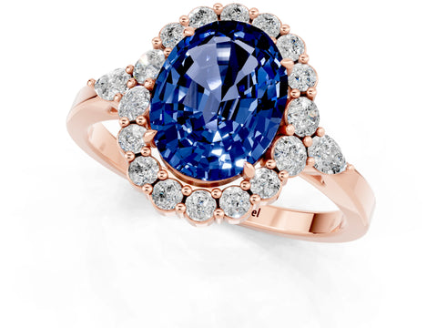 Rose gold Oval Cut Blue Sapphire Halo Ring with Pear Side Stones and Prong Setting_13