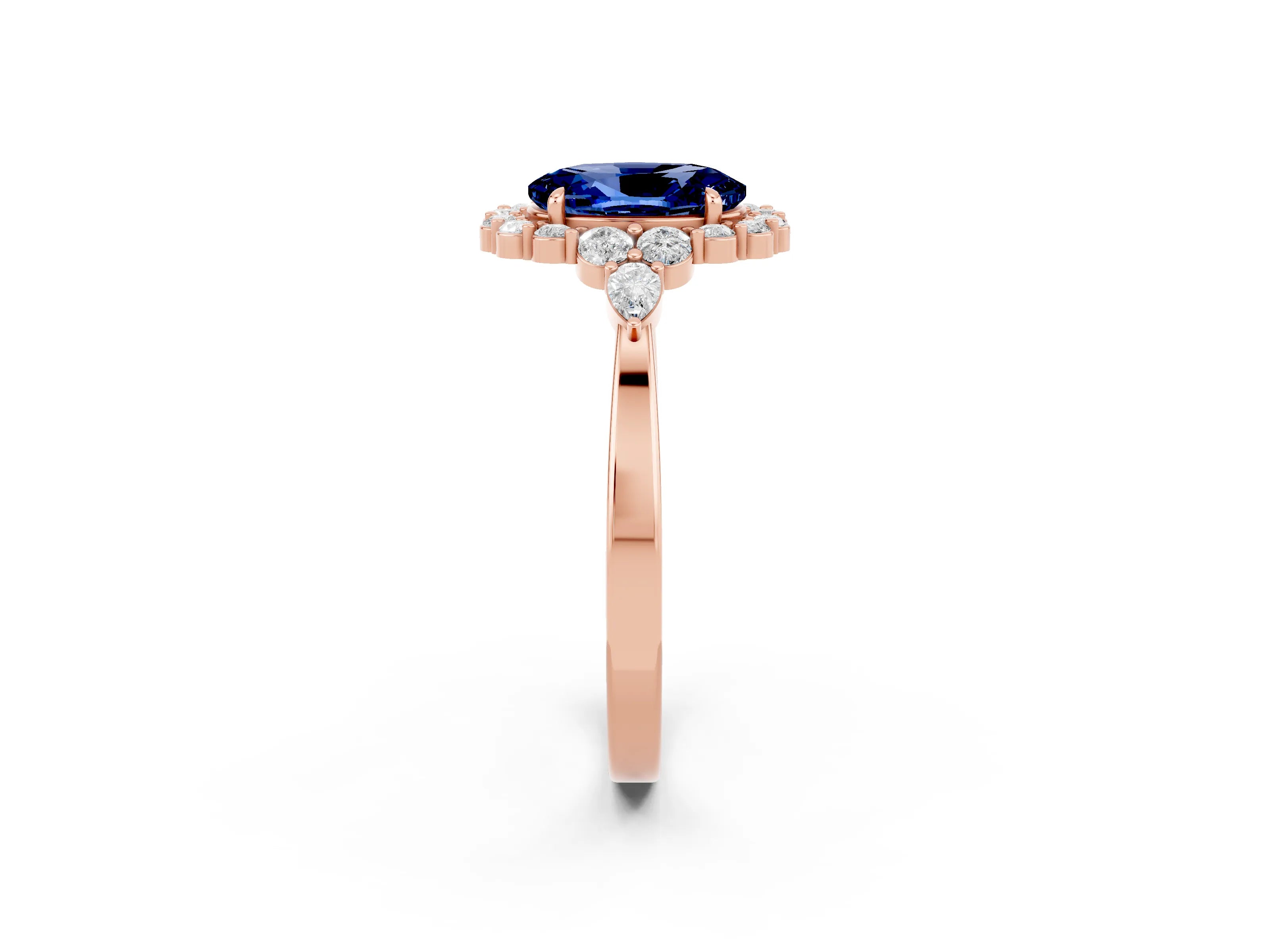 Rose gold Oval Cut Blue Sapphire Halo Ring with Pear Side Stones and Prong Setting_14