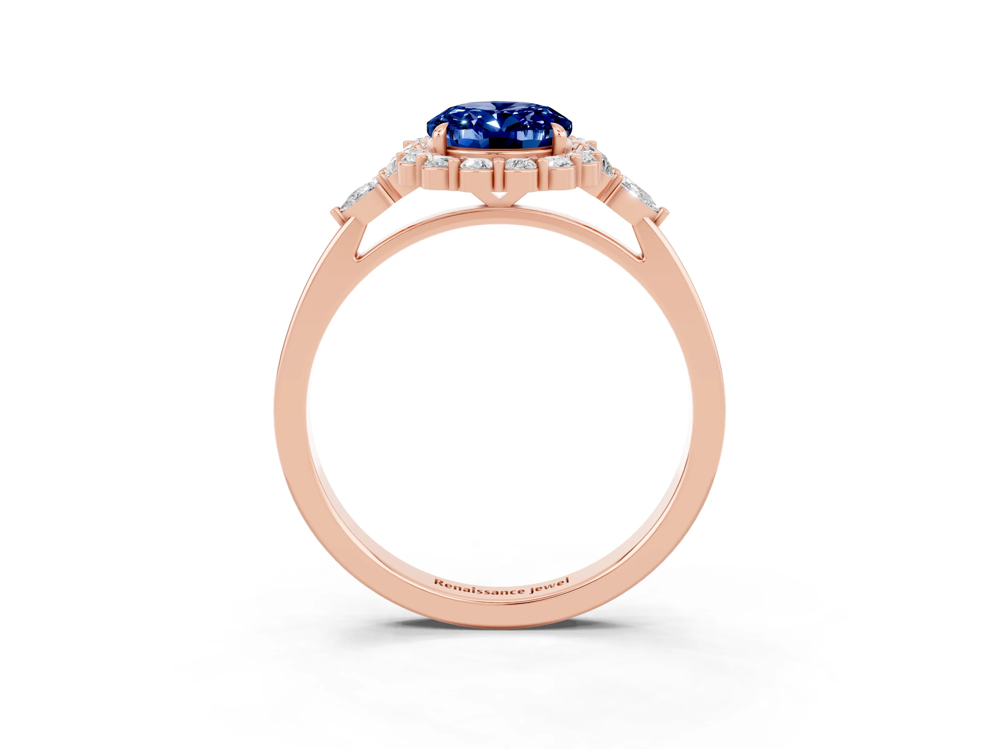 Rose gold Oval Cut Blue Sapphire Halo Ring with Pear Side Stones and Prong Setting_15