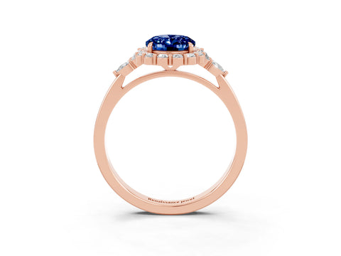 Rose gold Oval Cut Blue Sapphire Halo Ring with Pear Side Stones and Prong Setting_15
