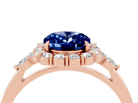 Rose gold Oval Cut Blue Sapphire Halo Ring with Pear Side Stones and Prong Setting_16