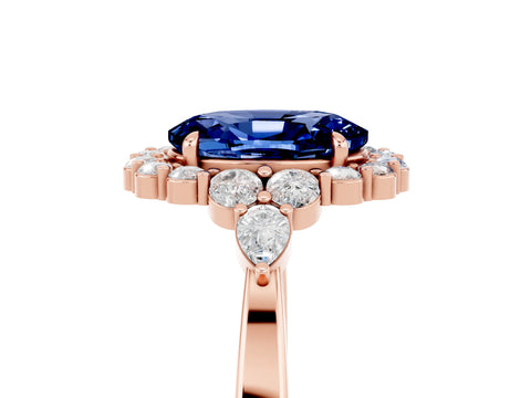 Rose gold Oval Cut Blue Sapphire Halo Ring with Pear Side Stones and Prong Setting_17