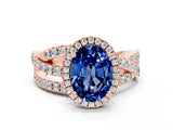 Rose gold Oval Cut Blue Sapphire Halo Ring with Round Split Shank and Prong Setting_48