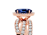 Rose gold Oval Cut Blue Sapphire Halo Ring with Round Split Shank and Prong Setting_53