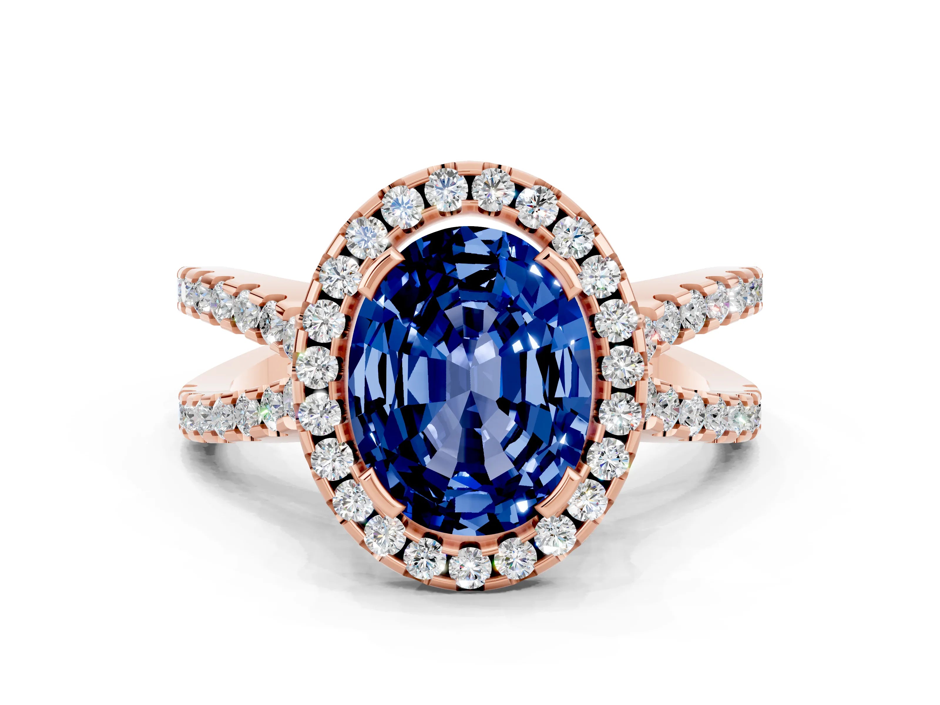 Rose gold Oval Cut Blue Sapphire Halo Ring with Split Shank Pavé Band and Prong Setting