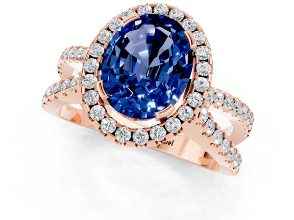 Rose gold Oval Cut Blue Sapphire Halo Ring with Split Shank Pavé Band and Prong Setting