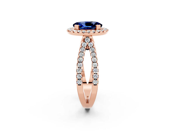 Rose gold Oval Cut Blue Sapphire Halo Ring with Split Shank Pavé Band and Prong Setting