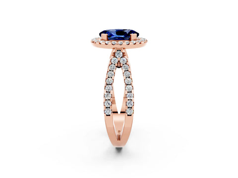 Rose gold Oval Cut Blue Sapphire Halo Ring with Split Shank Pavé Band and Prong Setting_2