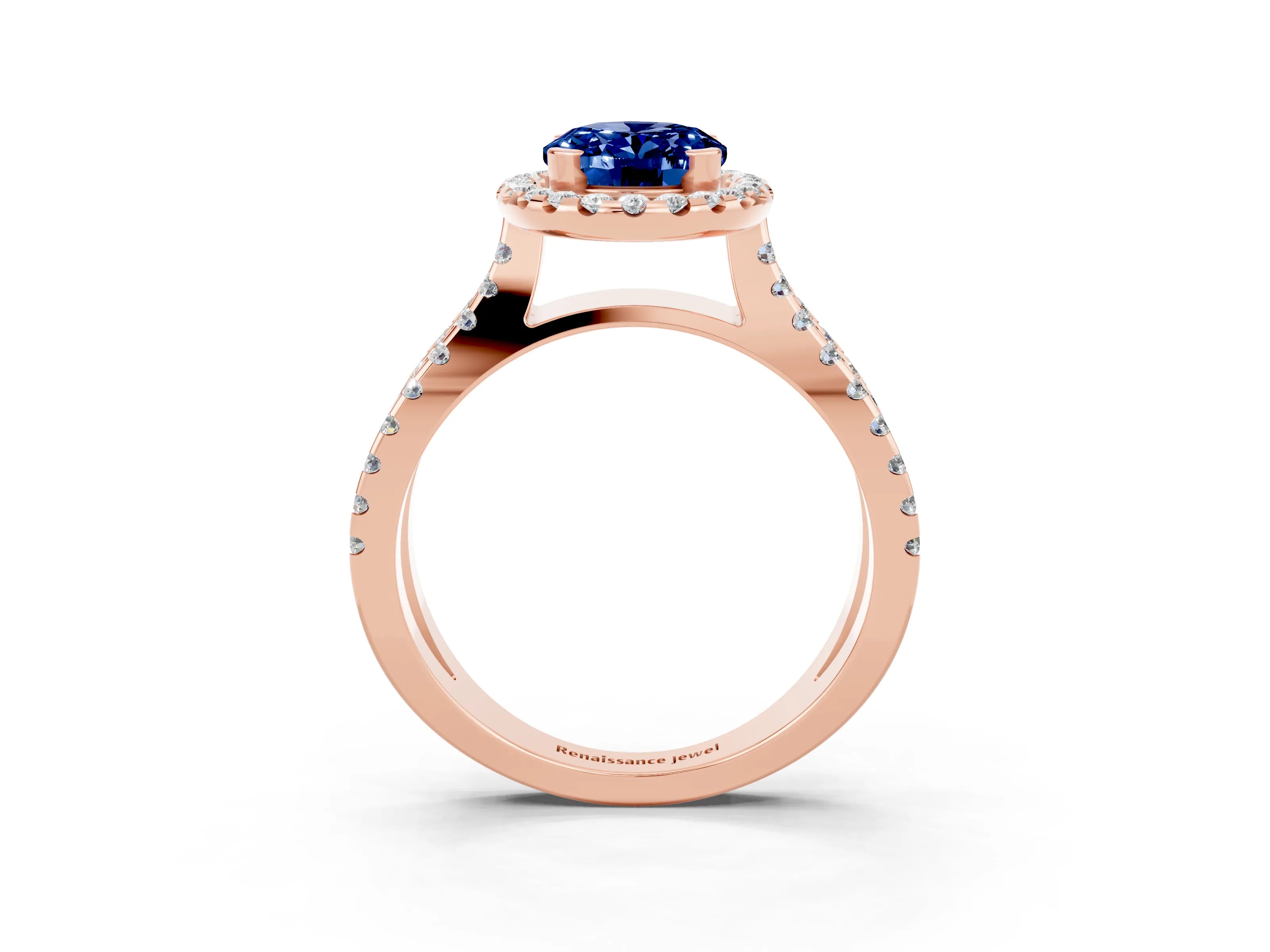 Rose gold Oval Cut Blue Sapphire Halo Ring with Split Shank Pavé Band and Prong Setting_3