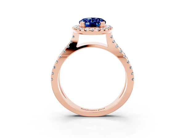 Rose gold Oval Cut Blue Sapphire Halo Ring with Split Shank Pavé Band and Prong Setting