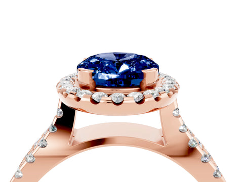 Rose gold Oval Cut Blue Sapphire Halo Ring with Split Shank Pavé Band and Prong Setting_4