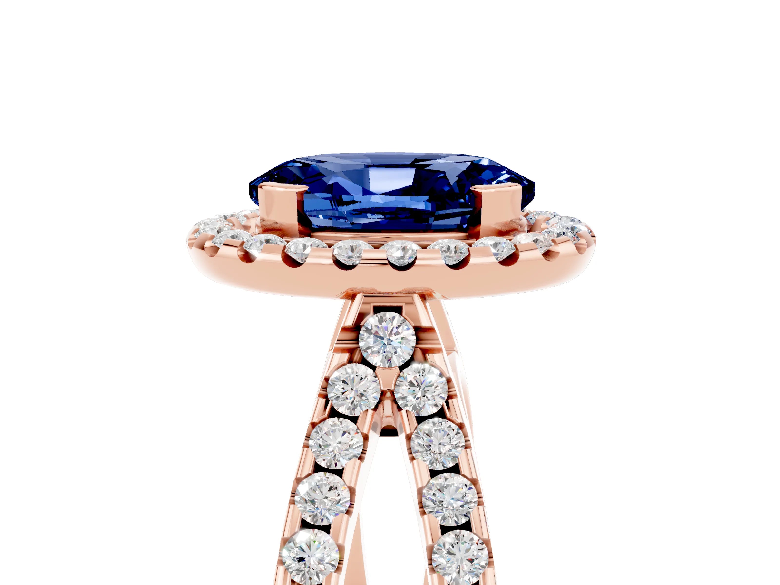 Rose gold Oval Cut Blue Sapphire Halo Ring with Split Shank Pavé Band and Prong Setting_5