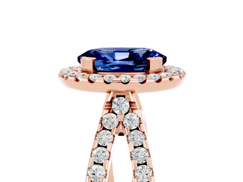 Rose gold Oval Cut Blue Sapphire Halo Ring with Split Shank Pavé Band and Prong Setting_5