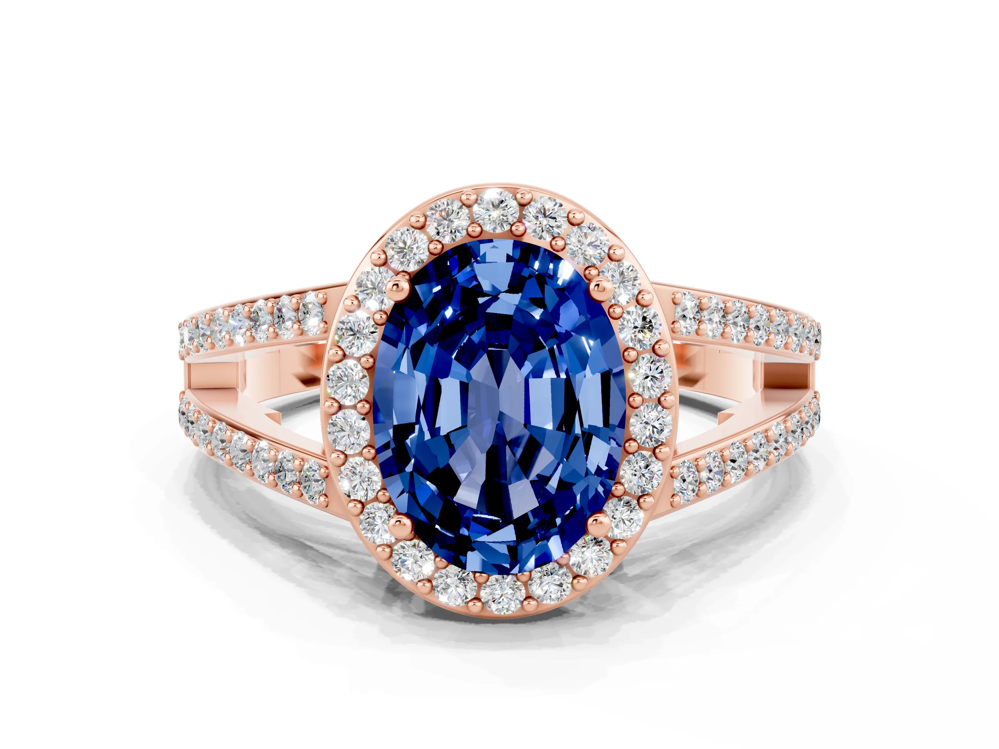 Rose gold Oval Cut Blue Sapphire Halo Ring with Split Shank U-Prong Band and Four-Prong Setting
