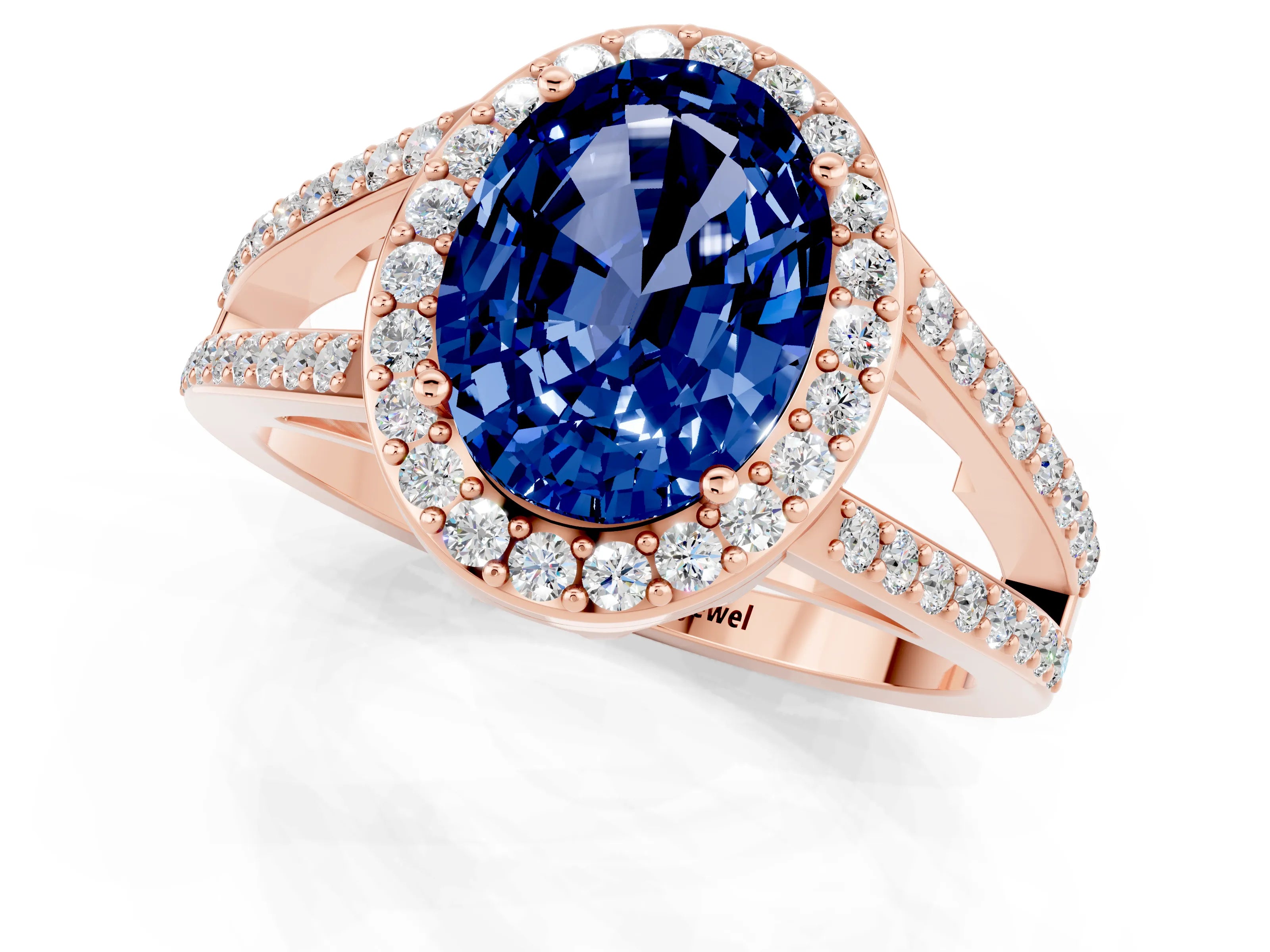 Rose gold Oval Cut Blue Sapphire Halo Ring with Split Shank U-Prong Band and Four-Prong Setting_1