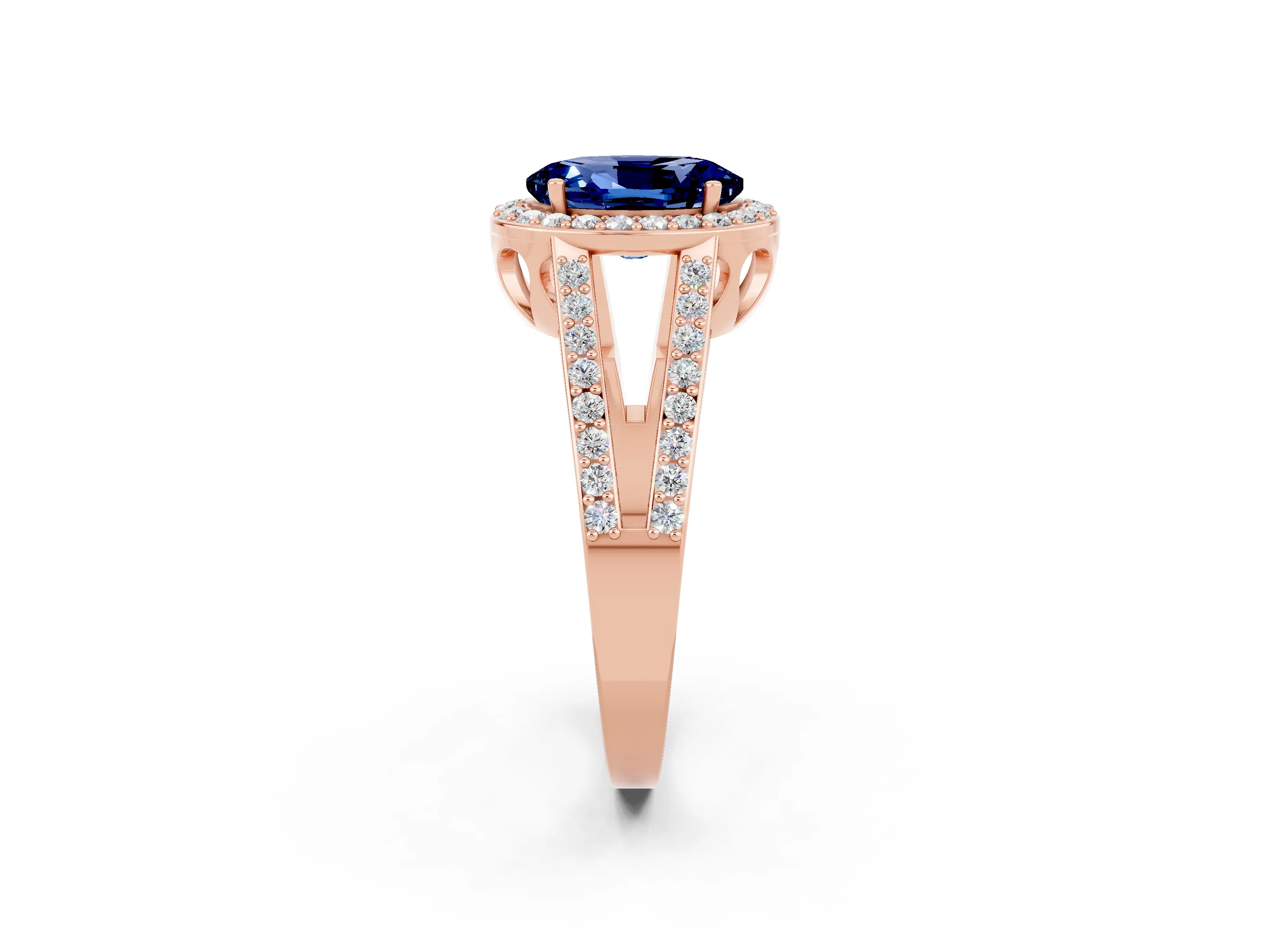 Rose gold Oval Cut Blue Sapphire Halo Ring with Split Shank U-Prong Band and Four-Prong Setting_2