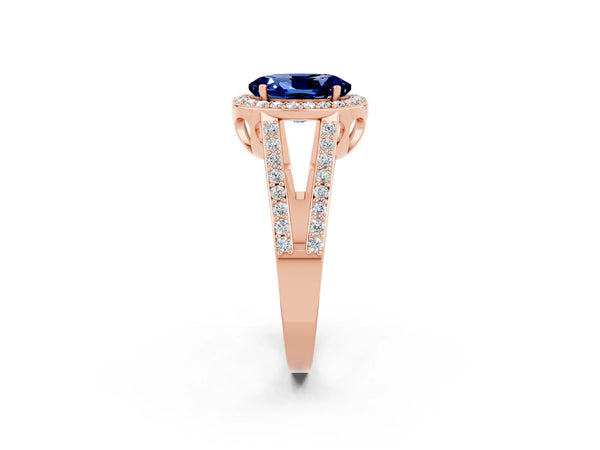 Rose gold Oval Cut Blue Sapphire Halo Ring with Split Shank U-Prong Band and Four-Prong Setting
