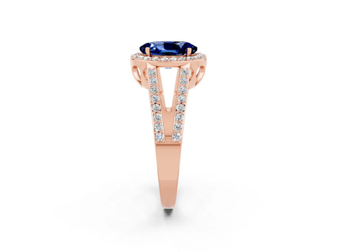 Rose gold Oval Cut Blue Sapphire Halo Ring with Split Shank U-Prong Band and Four-Prong Setting_2