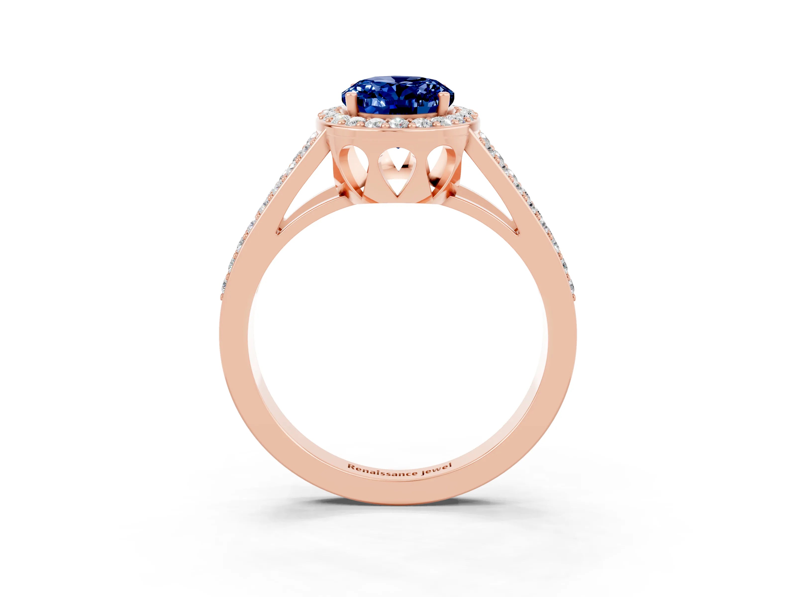 Rose gold Oval Cut Blue Sapphire Halo Ring with Split Shank U-Prong Band and Four-Prong Setting_3