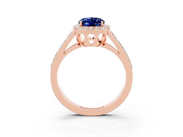 Rose gold Oval Cut Blue Sapphire Halo Ring with Split Shank U-Prong Band and Four-Prong Setting