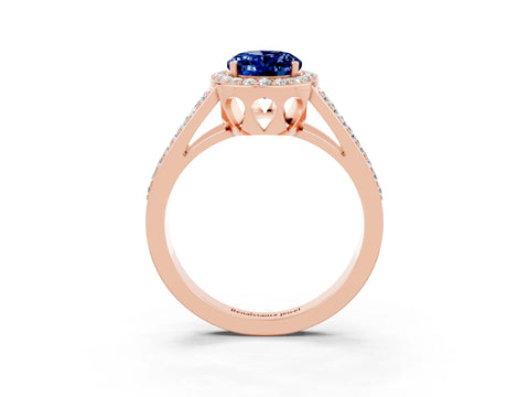 Rose gold Oval Cut Blue Sapphire Halo Ring with Split Shank U-Prong Band and Four-Prong Setting_3