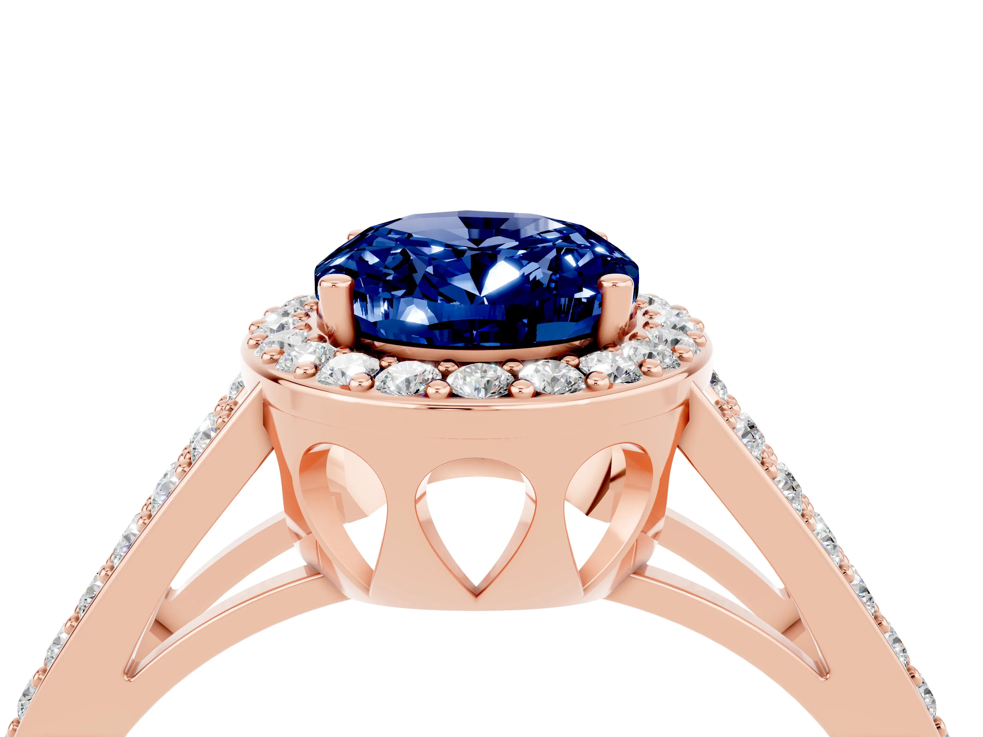 Rose gold Oval Cut Blue Sapphire Halo Ring with Split Shank U-Prong Band and Four-Prong Setting_4