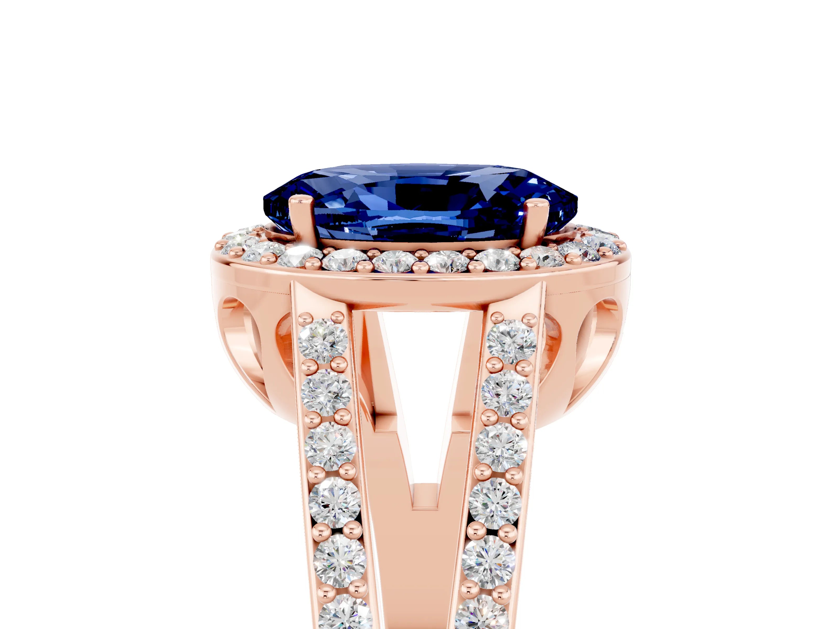 Rose gold Oval Cut Blue Sapphire Halo Ring with Split Shank U-Prong Band and Four-Prong Setting_5