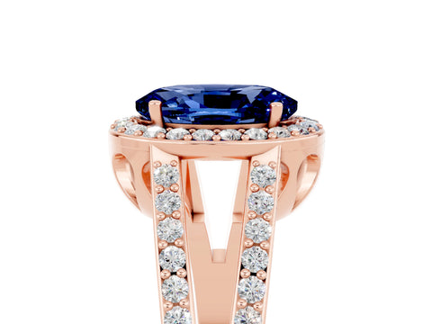 Rose gold Oval Cut Blue Sapphire Halo Ring with Split Shank U-Prong Band and Four-Prong Setting_5