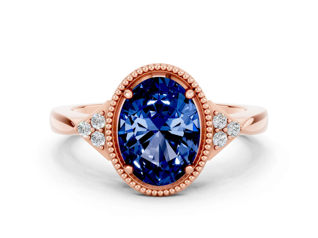 Rose gold Oval Cut Blue Sapphire Halo Ring with Tapered Band and Four-Prong Setting