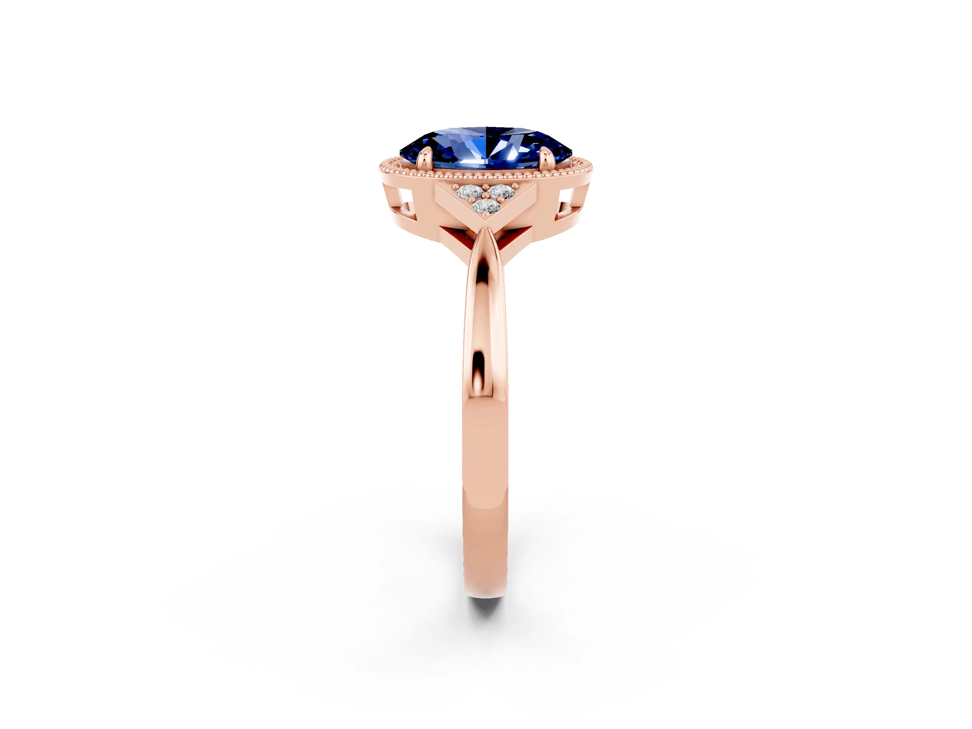 Rose gold Oval Cut Blue Sapphire Halo Ring with Tapered Band and Four-Prong Setting_2