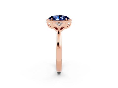 Rose gold Oval Cut Blue Sapphire Halo Ring with Tapered Band and Four-Prong Setting_2
