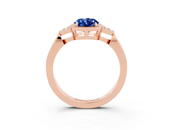 Rose gold Oval Cut Blue Sapphire Halo Ring with Tapered Band and Four-Prong Setting