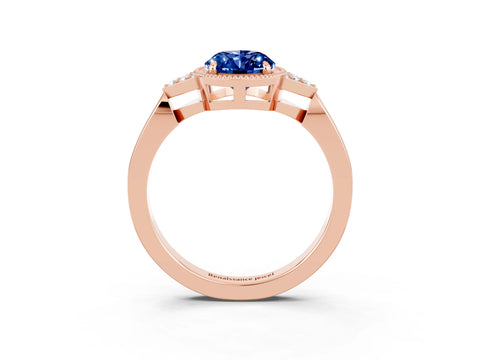 Rose gold Oval Cut Blue Sapphire Halo Ring with Tapered Band and Four-Prong Setting_3