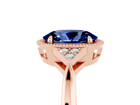 Rose gold Oval Cut Blue Sapphire Halo Ring with Tapered Band and Four-Prong Setting_5