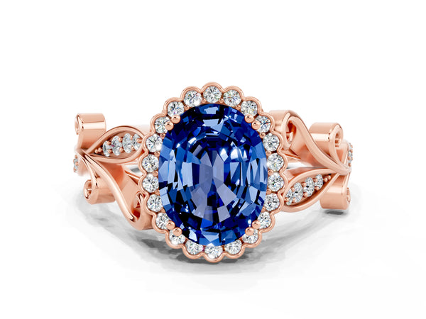 Rose gold Oval Cut Blue Sapphire Halo Ring with Vintage Split Shank and Four-Prong Setting