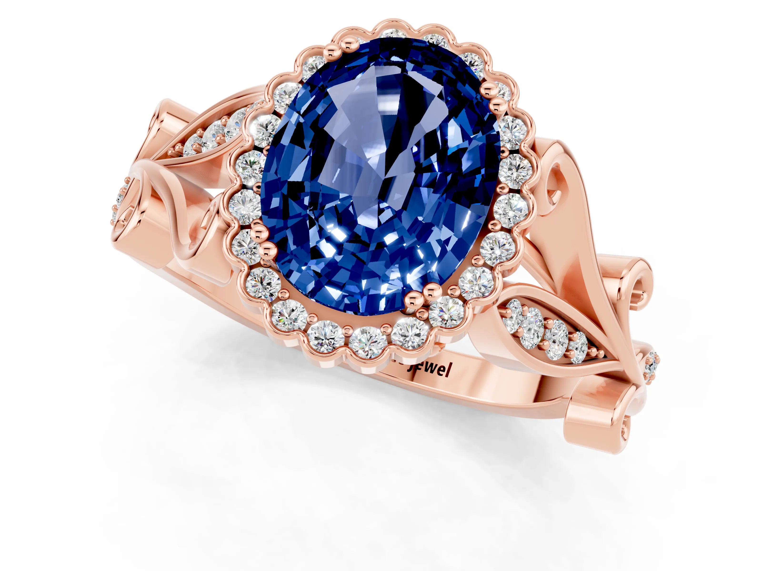 Rose gold Oval Cut Blue Sapphire Halo Ring with Vintage Split Shank and Four-Prong Setting_1