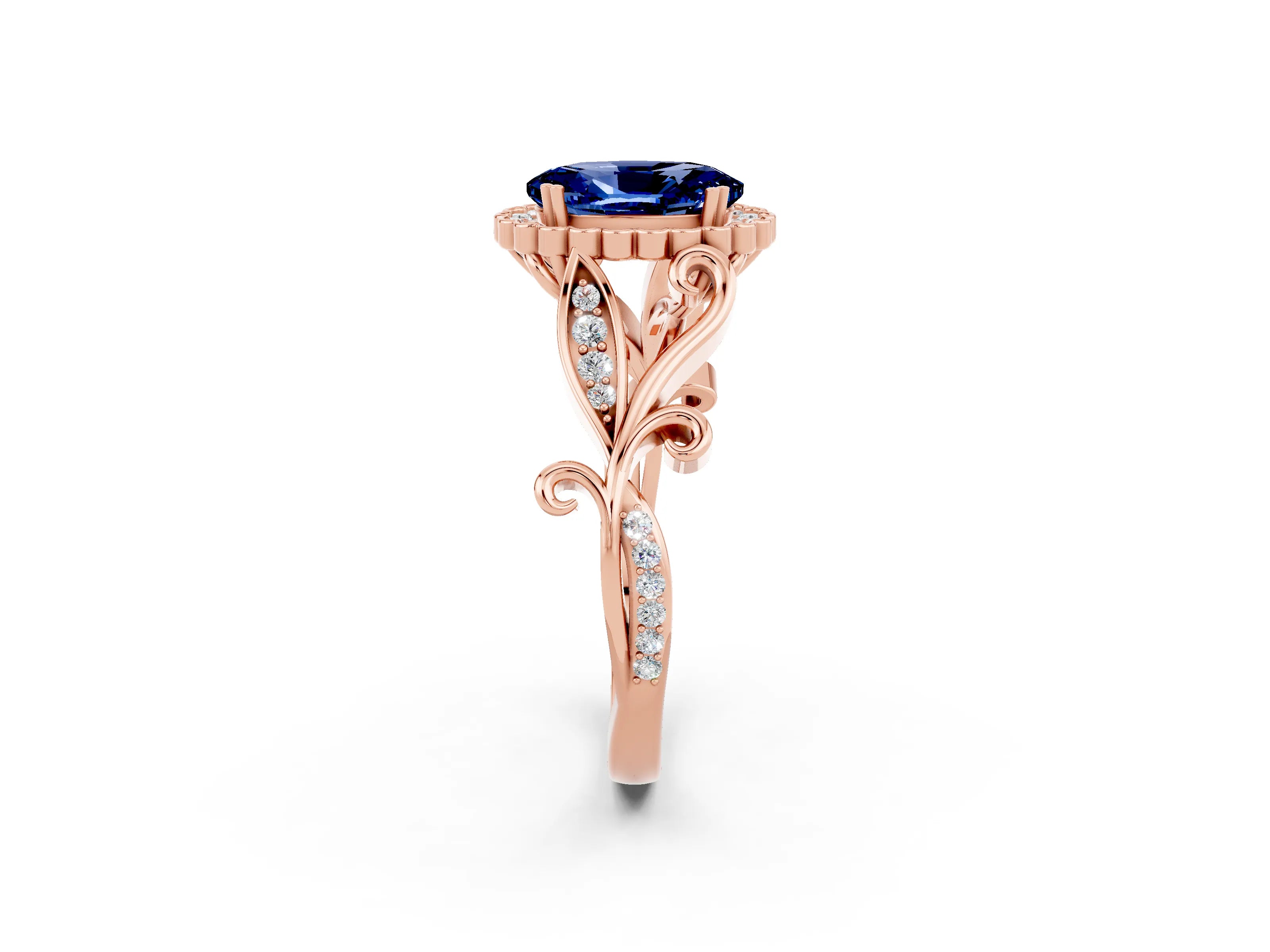 Rose gold Oval Cut Blue Sapphire Halo Ring with Vintage Split Shank and Four-Prong Setting_2
