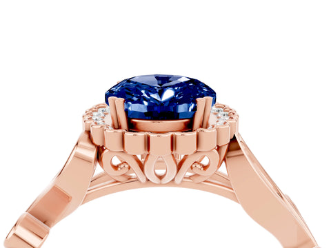 Rose gold Oval Cut Blue Sapphire Halo Ring with Vintage Split Shank and Four-Prong Setting_4