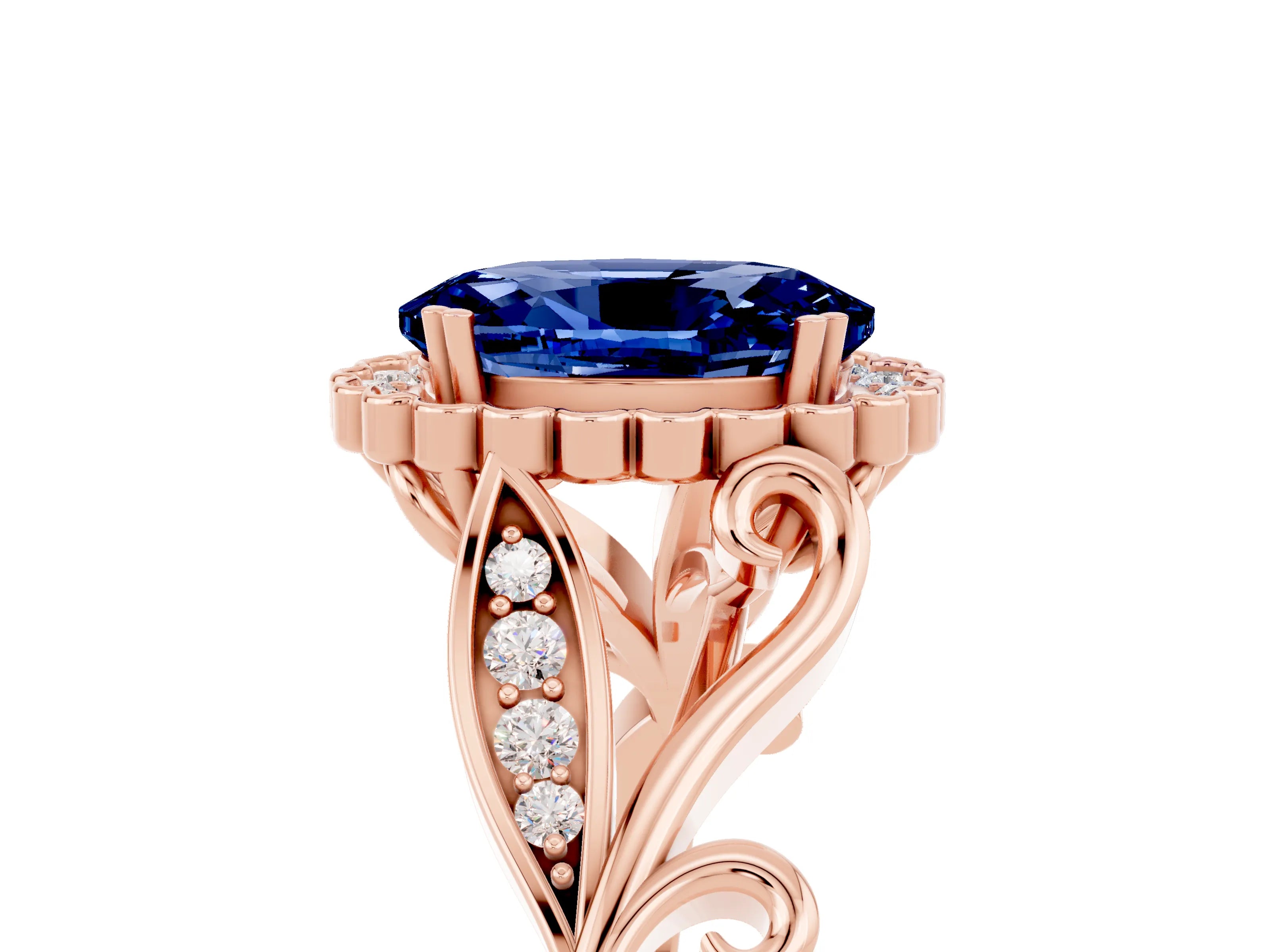 Rose gold Oval Cut Blue Sapphire Halo Ring with Vintage Split Shank and Four-Prong Setting_5