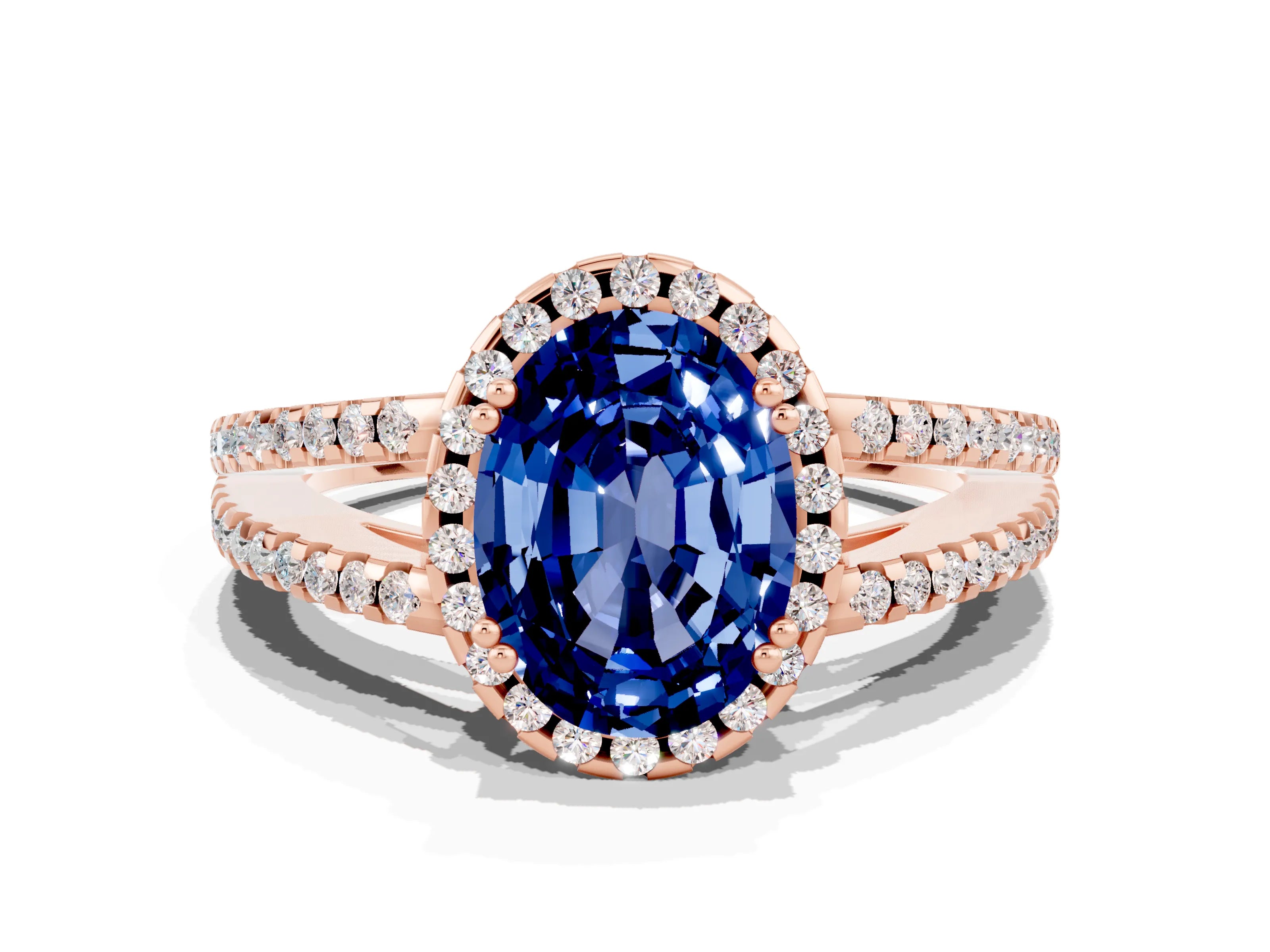 Rose gold Oval Cut Blue Sapphire Halo Split Shank Engagement Ring_12