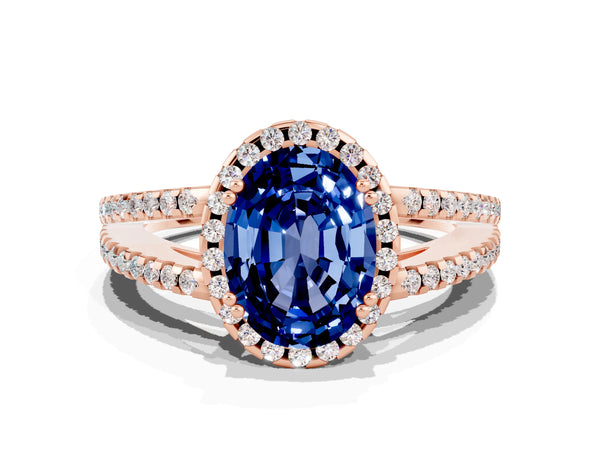 Rose gold Oval Cut Blue Sapphire Halo Split Shank Engagement Ring