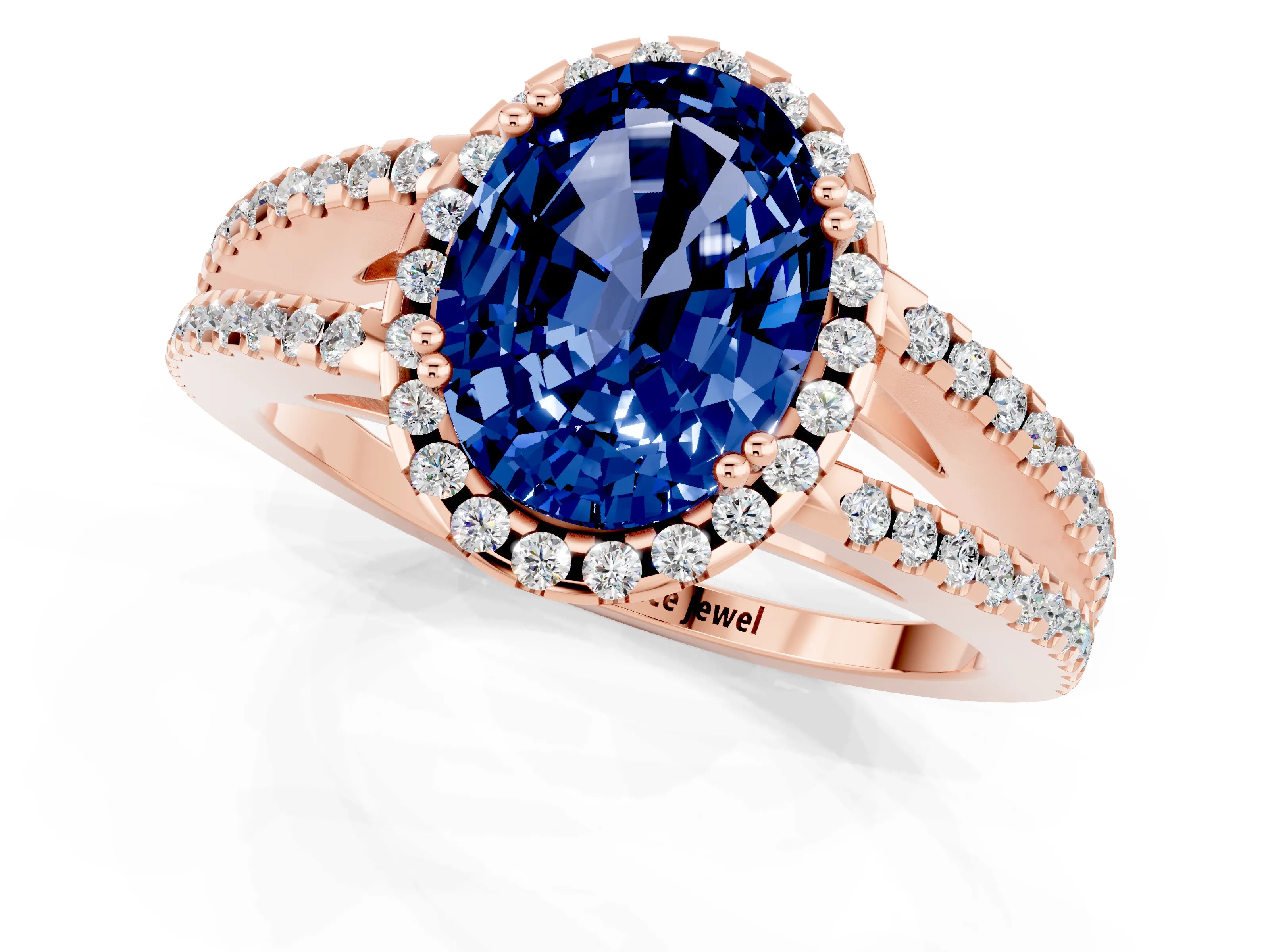 Rose gold Oval Cut Blue Sapphire Halo Split Shank Engagement Ring_13