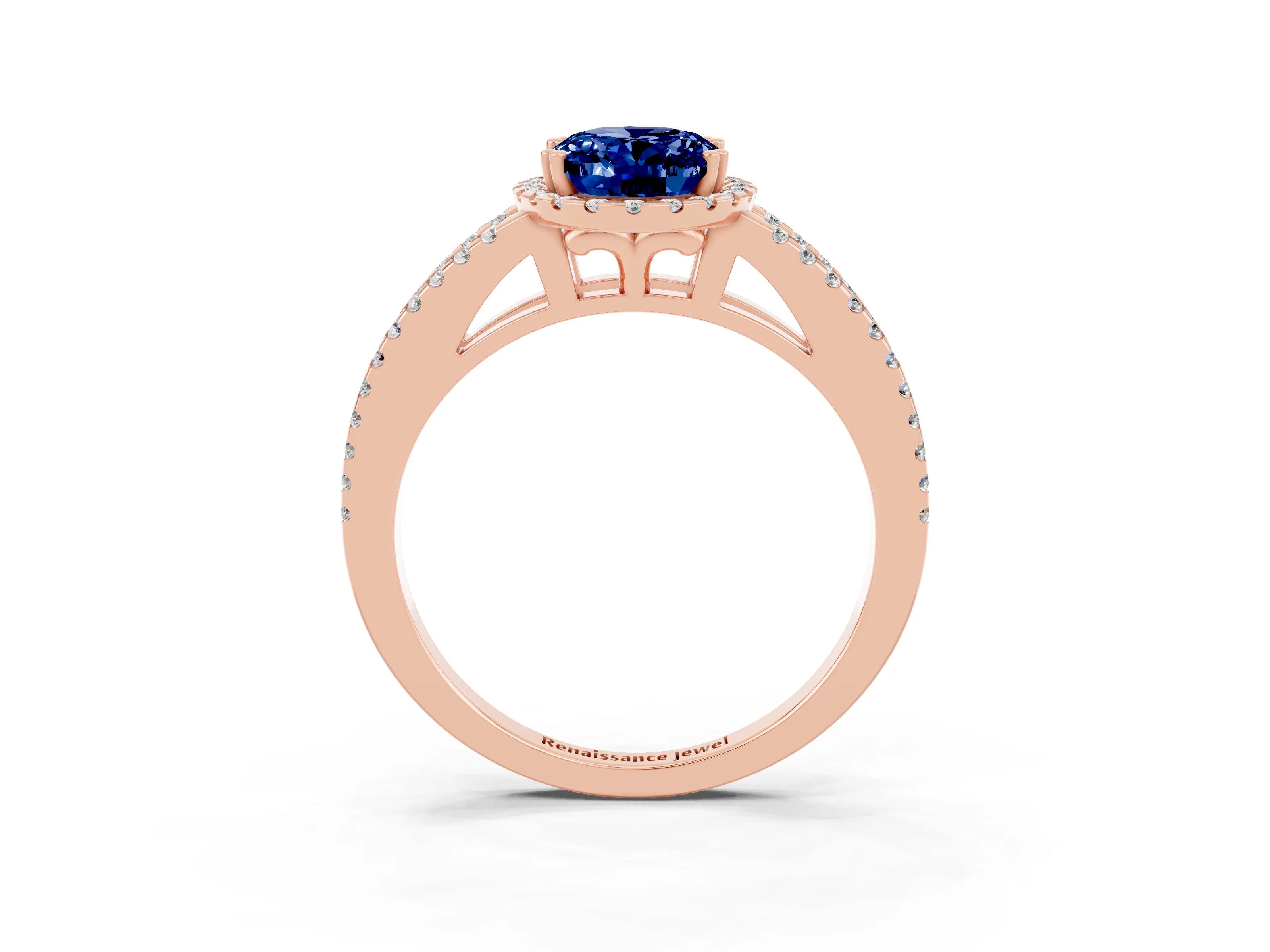 Rose gold Oval Cut Blue Sapphire Halo Split Shank Engagement Ring_15
