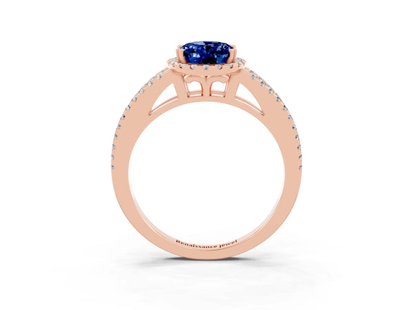 Rose gold Oval Cut Blue Sapphire Halo Split Shank Engagement Ring