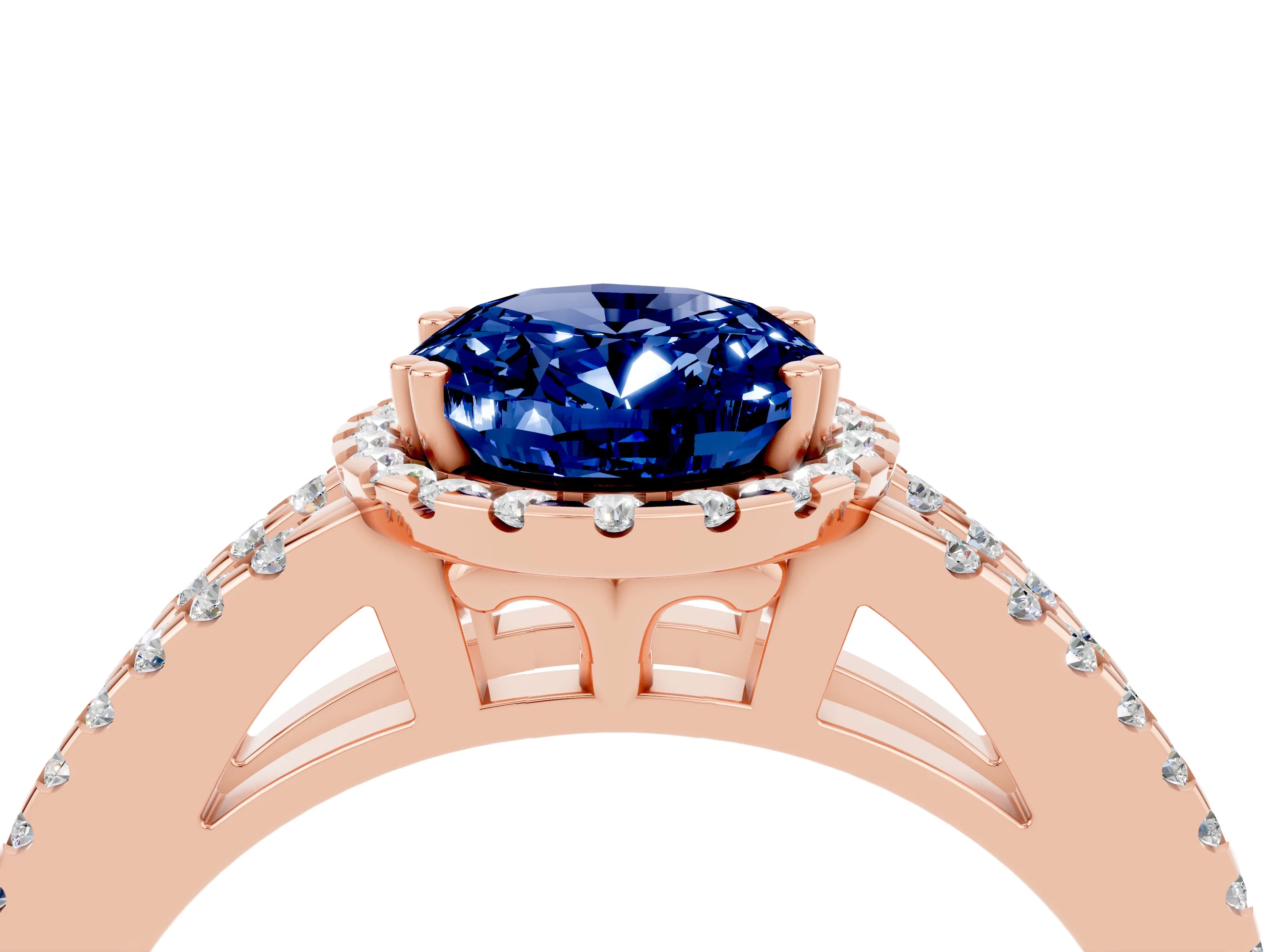 Rose gold Oval Cut Blue Sapphire Halo Split Shank Engagement Ring_16