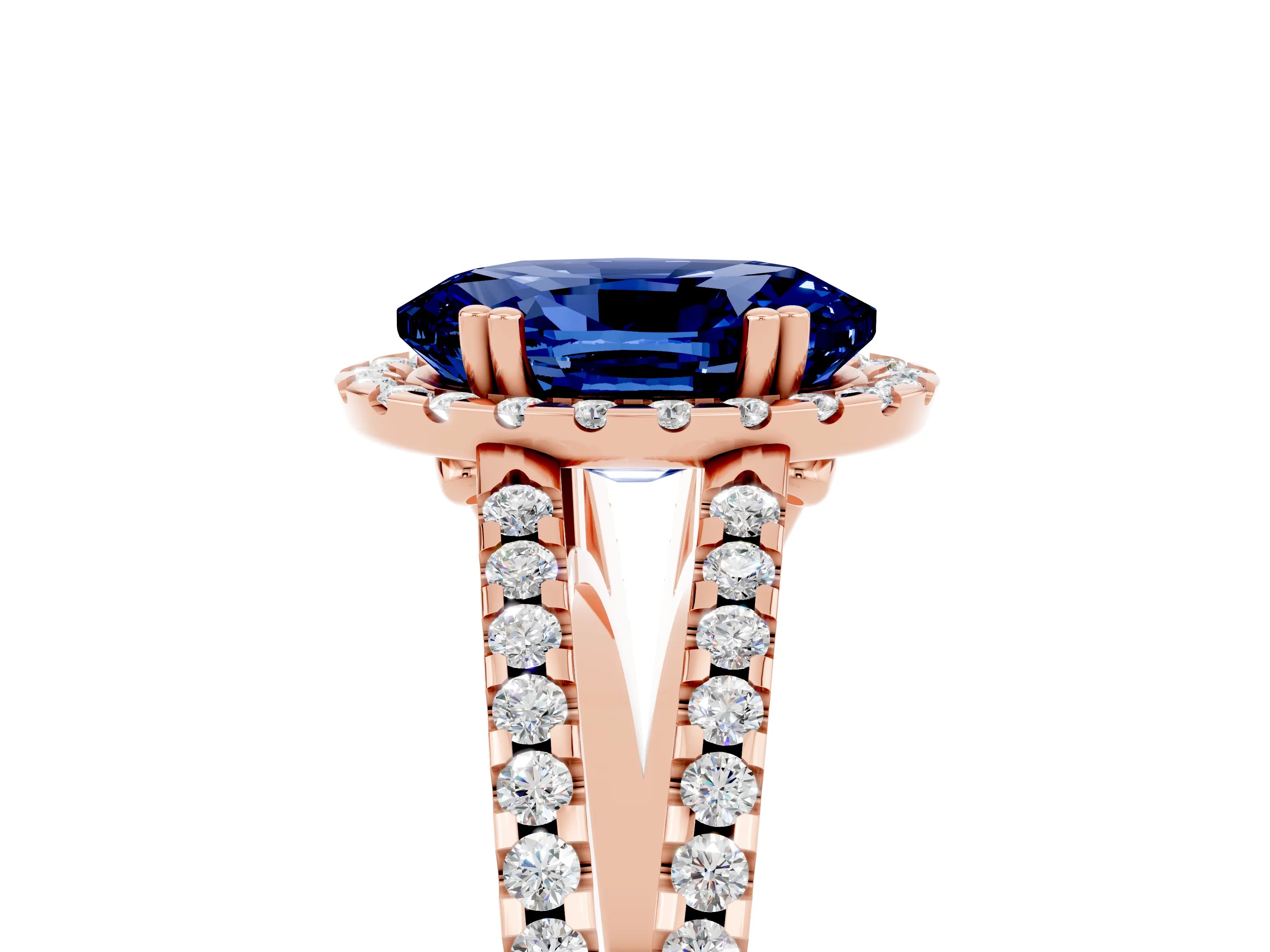 Rose gold Oval Cut Blue Sapphire Halo Split Shank Engagement Ring_17
