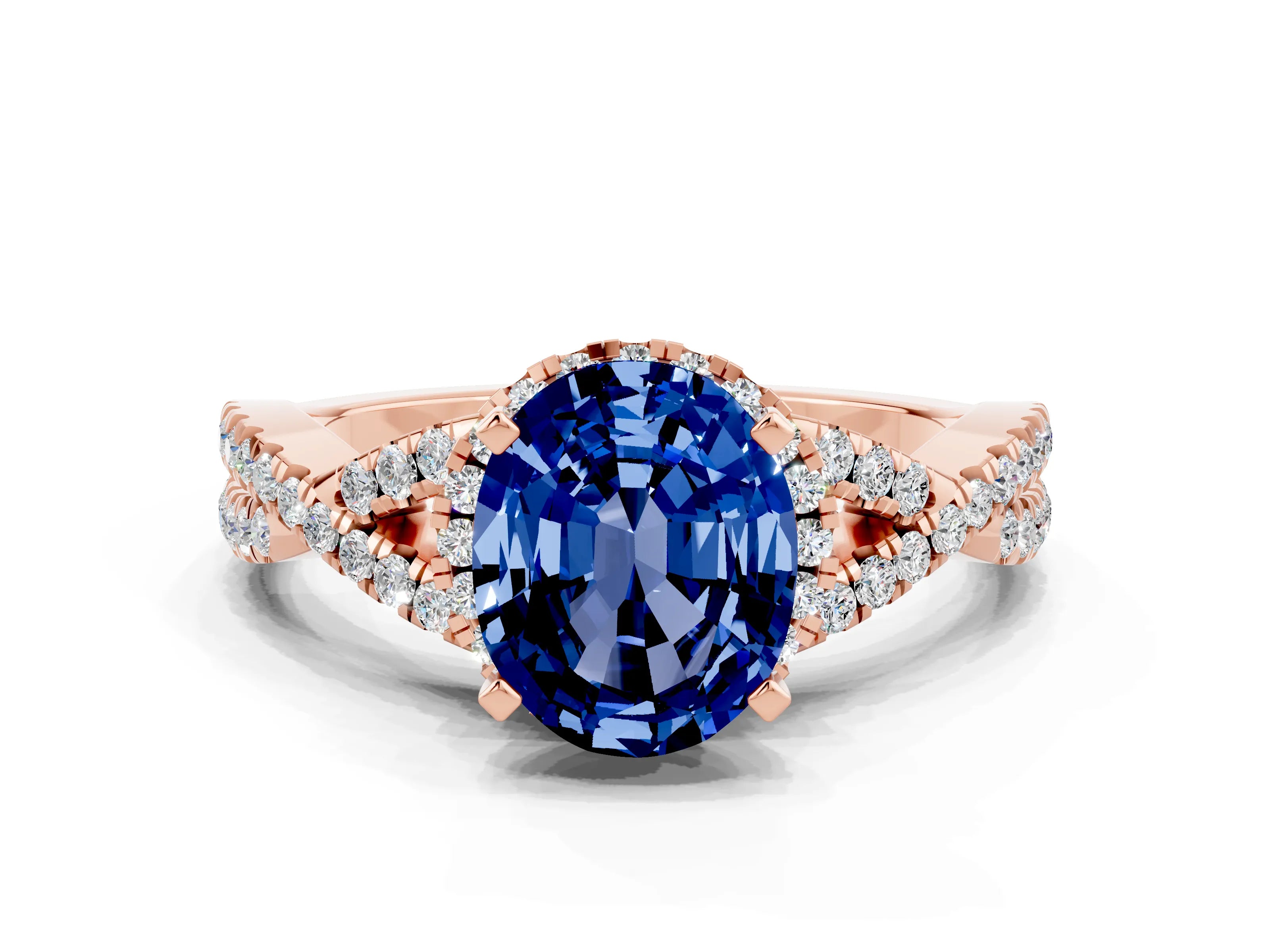 Rose gold Oval Cut Blue Sapphire Halo Twist Band Solitaire Prong Setting Ring