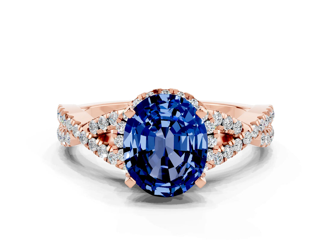 Rose gold Oval Cut Blue Sapphire Halo Twist Band Solitaire Prong Setting Ring